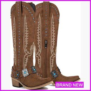 Knee High Western Cowgirl Boots Embroidered Distressed Boho Chic Block Heel
